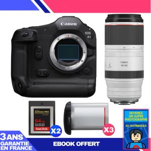 Boitier Canon EOS R1 + RF 100-500mm f/4.5-7.1 L IS USM + 2 SanDisk 64GB Extreme PRO CFexpress Type B + 3 Canon LP-E19 + Ebook 'Devenez Un Super Photographe - Neuf