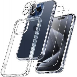 Ayu-4 En 1 Coque Pour Iphone 15 Pro Avec 2 Verre Trempé Et 1 Caméra Protecteur, [Coussin D'air Intégré] Antichoc Antirayures Bumper Protection Housse Pour Iphone 15 Pro 6.1"", Transparent - Neuf