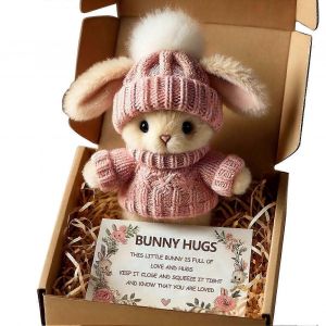 Mini lapin câlin mignon cadeau de Pâques, lapin en peluche de Pâques avec bonnet tricoté et pompon, lapin de soutien émotionnel de poche souple avec boîte cadeau et carte-D - Neuf