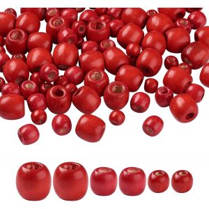 Meimie-- Lot De 150 Perles Rondes Rouges En Bois Naturel Pourmacramé,Bijoux,Bracelets,Loisirs Créatifs (3 Tailles) - Neuf