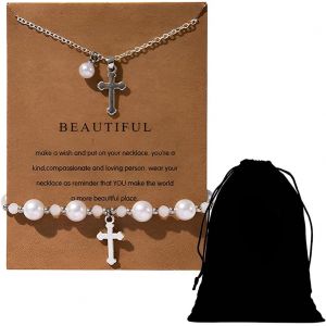 Kal-Ensemble De Bijoux Pour Filles R&eacute;glable Bracelet Croix En Perle Collier Avec Pendentif Perle Croix Cadeau De Bapt&ecirc;me Cadeau De Anniversairecadeau De Communion Pour Filles - Neuf