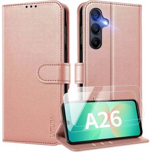 JGD-Coque pour Samsung Galaxy A26 5G Coque Etui Portefeuille Cuir avec 2 Verre Tremp&eacute; Protection &Eacute;cran Porte Carte Rabat Clapet Flip Case &Eacute;tui Cover Housse Etui pour Samsung Galaxy A26 5G,Or Rose - Neuf