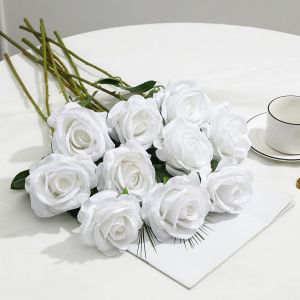 Lot de 10 roses artificielles 54 cm imitation roses en soie longue tige r&eacute;aliste pour bricolage, bouquet de mari&eacute;e, compositions, f&ecirc;tes et d&eacute;coration d'int&eacute;rieur (blanc pur) - Neuf