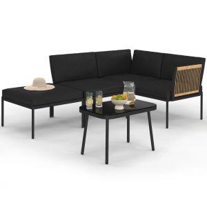 Salon De Jardin Bas Rio 4 Places Modulable Structure M&eacute;tal Noir, Cordage Effet Rotin Clair Avec Coussins Noirs Et Table Basse - Neuf