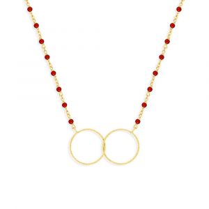 Collier Argent Dor&eacute; Double Rond Et Pierre Rouge - Neuf