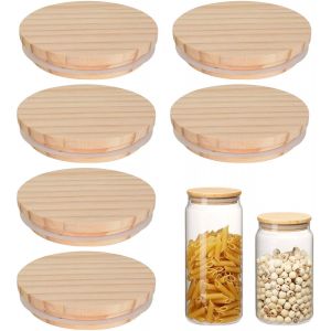 Kalanka-Lot De 6 Couvercles De Tasse En Bambou, 8cm, R&eacute;utilisables, Avec Bague D'&eacute;tanch&eacute;it&eacute; En Silicone, Pour Le Stockage Des Pots &Agrave; Cheesecake (Bois De Pin) - Neuf