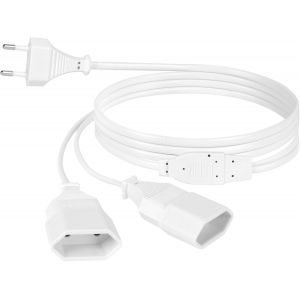 Rallonges d'alimentation,2m 2 en 1 Câble d'extension de Prise d'extension EU,0,75 mm² Max. 2.5A/250V Fiche Euro vers Prise Euro pour Ordinateur,TV,PC,Blanc - Neuf