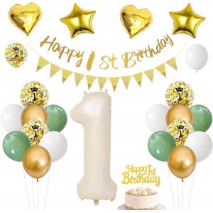 SJZG-Decoration Anniversaire 1 Ans ,Deco 1 Ans Vert Et Or ,1 Ans Ballons Vert Or De F&ecirc;te,Kit Ballon Guirlande Banni&egrave;re Joyeux Anniversaire Pour 1 An Femme Homme Parti D&eacute;coration - Neuf