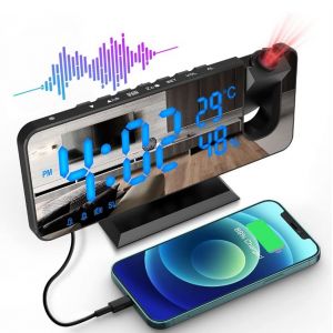 Réveil projecteur de plafond, radio-réveil FM, projection à 180°, horloge numérique avec écran miroir LED 7', port USB, double alarme, répétition d'alarme, 4 niveaux de luminosité, 12/24 h - Neuf