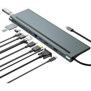 NAERYUT-Station D'Accueil,Docking Station,12 In 1 Usb-C Hub,Usb Type C To 4K 30Hz Dp+Hdmi+Vga,100W Pd,4 Usb3.0,Lecteur Sd/Tf,Ethernet Rj45,3.5Mm Audio Pour Hp/Macbook/Dell/Lenovo Laptops. - Neuf