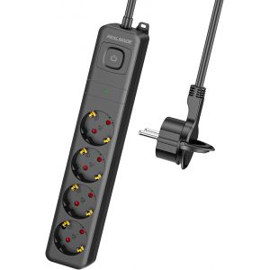 RealMade Multiprise 4 prises - Protection contre les surtensions - 1060J - Fiche plate de 3 m - Prise multiple 3680 W - Prise de distribution avec s&eacute;curit&eacute; enfant et montage mural - Noir - Neuf