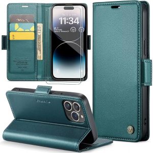 Kal-Coque Pour Iphone 16e+ 2 Pièces Verre Trempé,Antivol,Prend En Charge Le Chargement Sans Fil, Pochette Fermeture Magnétique Flip Case-Bleu-Vert - Neuf