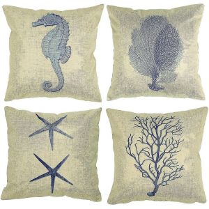 Ensemble De 4 Housses De Coussin En Lin R&eacute;sistant, Motif Marin (Hippocampe, Corail, &Eacute;toile De Mer, Algues), Bleu, 45 X 45 Cm, Pour D&eacute;coration Estivale Ou Caf&eacute;. - Neuf