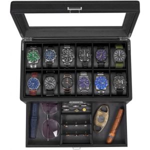 Bo&icirc;te &Agrave; Montres Avec Tiroir, Organisateur De Bo&icirc;tier De Montre De Luxe Pour Bijoux, Organisateur De Montre En Pour Hommes Et Femmes, Dessus En Verre, Charni&egrave;re En M&eacute;tal, Noir Essh02l - Neuf