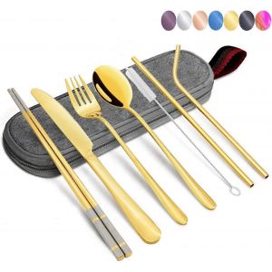 Ensemble De Couverts De Camping.304 Ustensiles Portables En Acier Inoxydable Comprenant Étui Et Paille,Paille Droite,Couteau,Fourchette,Cuillère,Baguettes,Brosse De Nettoyage -Go - Neuf