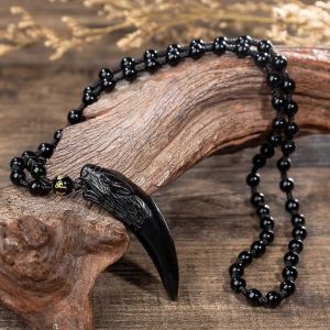 Obsidienne Nature Dent De Loup Pendentif Colliers Porte-Bonheur Perles Corde Couple Colliers Amulettes Obsidienne Noir Et Glace Colliers Bijoux - Neuf