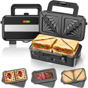 Checarzhn--No1-Appareil Croque Monsieur 3 En 1, Gaufrier 1200w Avec Contrôle De Température À 5 Vitesses, Machine À Sandwich Avec 3 Plaques Antiadhésives Pour Sandwich, Gaufres, Viande, Lumières Led - Neuf