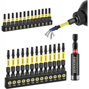 DUON-Torx Lot De 26 Embouts De Vissage Aux Chocs T20 25Mm 50Mm, Jeu D'Embouts Magn&eacute;tique Pour Visseuse Tournevis Tige Hexagonale 1/4"" S2 En Acier Alli&eacute; Avec 1 Porte-Embout De 60Mm, Code Couleur - Neuf