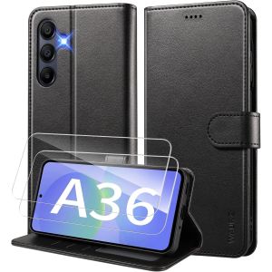 JGD-Coque pour Samsung Galaxy A36 5G Etui Coque avec 2 Verre Tremp&eacute; Porte Carte Clapet &agrave; Rabat Portefeuille Cuir Case Housse Protection Flip Cover &Eacute;tui Coque pour Samsung Galaxy A36 5G,Noir - Neuf