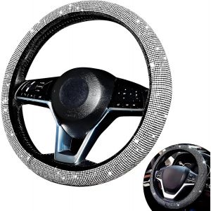 KAL-Housse De Volant De 36 À 39 Cm Avec Strass Étincelants - Accessoire De Voiture Pour Femme (Blanc) - Neuf