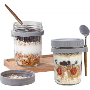 Mevronisshop-Overnight Oats Jars, 2pcs Bocaux À Avoine Mason Jars En Verre Avec Couvercle Et Cuillère, Bol Muesli A Emporter En Verre Avec Marque De Mesure Pour Yaourt Lait Céréales Fruits (Gris, 350 - Neuf