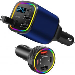 Adaptateur Allume-Cigare Usb 4 Ports Usb 85,5 W Et 78 W 4 En 1 - Chargeur De Voiture R&eacute;tractable Usb C Avec C&acirc;ble - Double Adaptateur De Voiture Pour Iphone Android - Bleu Profond - Neuf