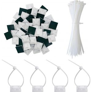 CHECARZHN--NO1-200Pcs Attache Cable, Serre Cable Avec 100Pcs Support De Base Autocollant, 150Mm × 2.5Mm Professionnelles Attache Câble Pour Gestion Des Câbles, Jardinage(Blanc) - Neuf