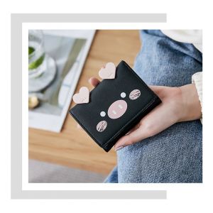 (Noir) Portefeuille pour femme en forme de cochon mignon, petit portefeuille &agrave; trois volets en cuir avec blocage RFID et fen&ecirc;tre d'identification pour filles et femmes. Portefeuille pour femme - Neuf