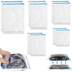 KALANKA-Lot de 10 Sacs de Rangement sous Vide, Sac Sous Vide Roulé à la Main Sacs de Compression sous Vide Sac de Voyage sous Vide Housse de Rangement Aspirant Sac Sous Vide Vetement, 5 Tailles - Neuf