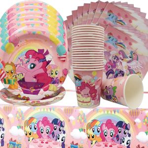 Letnerny-Little Pony Décorations Licorne Set De Décoration Pour Fêtes De Poney 61pcs Little Pony Lot De Fournitures De Fête D'anniversaire Comprenant Assiettes Serviettes Gobelets Nappes - Neuf