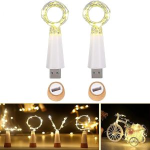 Lumières bouteille vin,lumières bouteille USB 59'' 15LED lumières liège extérieur étanche guirlande lumineuse fête mariage Halloween décoration Noël Blanc Chaud (Lot de 2 / Blanc chaud stable) - Neuf