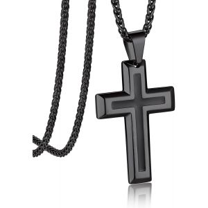 Kal-Collier Croix Homme En Acier Inoxydable 316l, Pendentif Croix Chr&eacute;tienne Noir Avec Cha&icirc;ne Spiga 3mm/55cm - Neuf