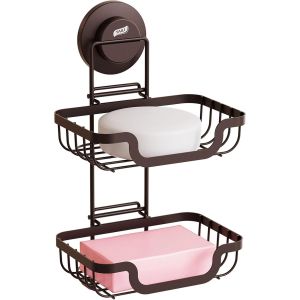 CMWX-Porte-Savon Double Couche À Ventouse pour Mur De Douche, Plateau De Savon Drainant pour Salle De Bain, Porte-Éponge en Acier Inoxydable pour Baignoire, Cuisine, sans Perçage, Marron - Neuf
