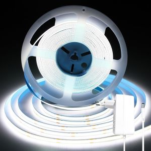 Ruban Led Cob 24v 10m Blanc Froid 6000k, Dimmable Haute Densit&eacute; Cri93+ Bande Lumineuse Led Avec Adaptateur, Flexible D&eacute;coupable Bande Led Pour Tv R&eacute;tro&eacute;clairage, Armoire, Chambre, Cuisine - Neuf