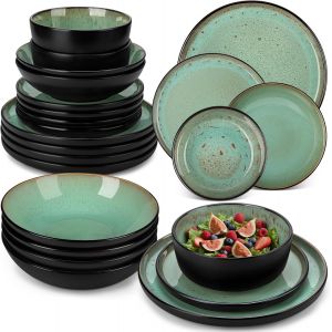 Mevronisshop-Amber Service Vaisselle 6 Personnes, Ensemble Assiettes De Table 24 Pi&egrave;ces En Gr&egrave;s - Assiettes Plates, Assiettes &Agrave; Dessert, Bols &Agrave; P&acirc;tes Et Bols - Adapt&eacute; Au Micro-Ondes - Gla&ccedil;ure Vert - Neuf