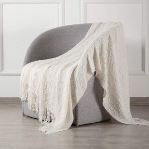 Plaid en tricot à pompons (120 x 170 cm, beige), texturé, confortable, léger et décoratif pour canapé, lit, canapé, voyage, toutes saisons - Neuf
