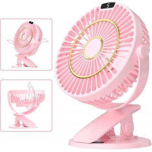 Mini ventilateur de bureau avec clip, 5 vitesses, portable, silencieux, avec batterie, rotation à 720°, rechargeable, écran LCD, pour poussette, bureau, voiture, camping, Ø 15 cm - Neuf