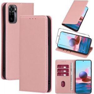 KAL-Coque Cuir Pour Xiaomi Redmi Note 10S 4G 6.43"" Avec 1 Verre Tremp&eacute; Etui &Agrave; Rabat En Pu Porte-Cartes Portefeuille Support Flip Housse Magn&eacute;tique Antichoc Anti-Rayures Case,Rose_Gold - Neuf