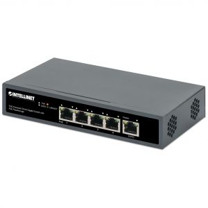 Intellinet Commutateur r&eacute;seau (switch) Gigabit 5 ports avec passthrough PoE, 1 port PD PoE++ 95 W, 4 ports PSE PoE, budget PoE jusqu'&agrave; 65 W, IEEE 802.3at/af, bureau ou mural, garantie de 3 ans - Neuf