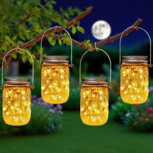 Lampe Solaire Exterieur, Lot De 4 Lanternes Solaires De Jardin 20 Led En Verre &Eacute;tanche Pour L'ext&eacute;rieur - D&eacute;coration De Jardin - Pour Mariage, F&ecirc;te, Mur, Table, Arbre, Noel(Blanc Chaud) - Neuf