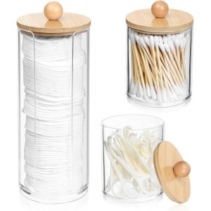 Distributeur de Coton-Tige 3pcs - Bo&icirc;te de Rangement avec Couvercle en Bambou pour Salle de Bain - Porte-Tampons et Boules de Coton - Neuf