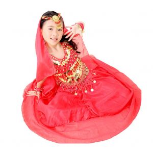 Costume De Danse Du Ventre Pour Filles, Vetements De Performance Avec Voile Et Bracelets (S Et Rouge) - Neuf
