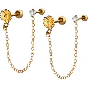 Kal-Boucles D'oreilles Femme Marguerite: Clous D'oreilles Femme Acier Chirurgical 316l Fantaisie Avec Zircon Cubique Et Cha&icirc;ne Plaqu&eacute;es Or Double Piercing Pour Cartilage - Cadeau Anniversaire - Neuf