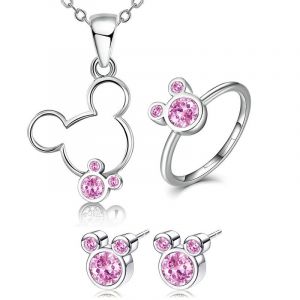 Ensemble Meilleur Bijoux Femme Argent 925 4ps Rose Zircon Mickey Collier Boucles D'oreilles Bague Ouverte - Neuf