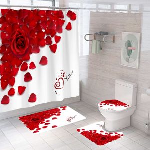Rideau de douche Saint-Valentin 4 pièces avec tapis antidérapant (rose), abattant de WC et tapis de bain, rideau de douche vintage imperméable avec 12 crochets - Neuf