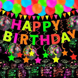 Decoration Anniversaire Neon Ballons Néon Ballons Anniversaire Ballon Anniversaire Fluorescent Lumineux Décoration Fête Néon Lueur Bannière Anniversaire Suspendus Tourbillons Deco Anniversaire - Neuf