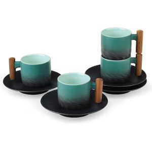 CMWS-Tasses à Café et Soucoupes Ensemble de 4 Tasses à Thé en Céramique Bleue avec Manche en Bois Set de Tasses à Espresso pour Thé Latte Mocha Cafe - Neuf