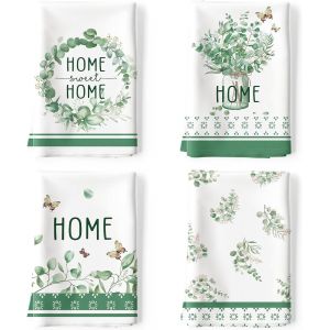 Tianyi-Torchons De Cuisine Coton Vaisselle Lot De 4, Serviettes De Cuisine Torchon Vaisselle 100% Coton Avec Accroche Très Absorbant Serviettes De Bar 48 X 70cm Feuilles D'eucalyptus - Neuf