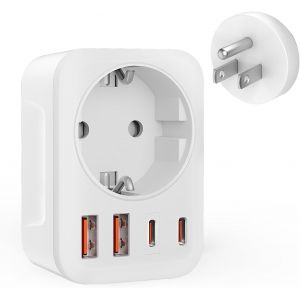 KALANKA-5 in 1 Adaptateur Prise USA avec 2 USB-A et 2 Type-C et 1 Prise Europ&eacute;enne, Adaptateur Prise France vers USA, Adaptateur Prise Americaine Canada Mexique Tha&iuml;lande, Type B - Neuf