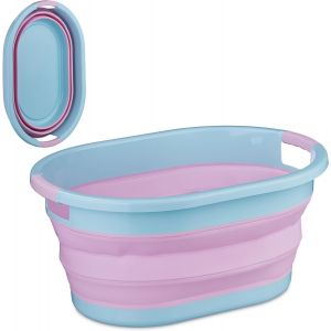 CHECARZHN--NO1-Panier À Linge, 24 Litres, En Plastique, Pliable, Rangement Peu Encombrant, Avec Poignées, Rose Et Bleu - Neuf